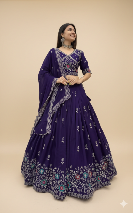 Stylish Satin Embroidered Semi-Stitched Lehenga Choli