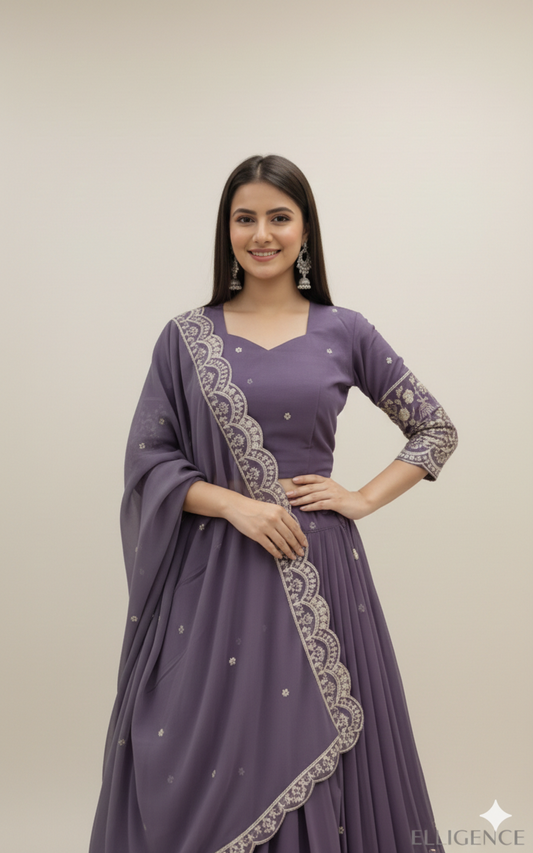 The Fusion of Traditions: Embroidered V-Neck Rajasthani-Pakistani Kalsar Lehenga Set