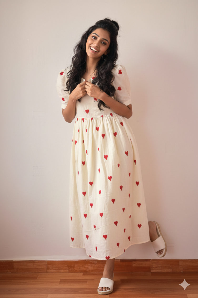 Sweetheart Serenade: Red-Heart Hand Block Print Cotton Tunic Dress