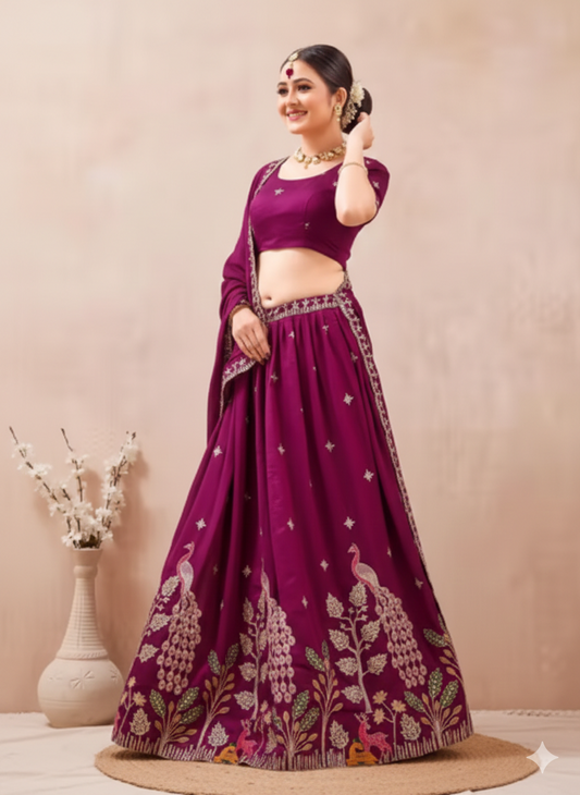 The Magenta & Gold Peacock Masterpiece - Elegance Hub Vichitra Silk Lehenga Choli