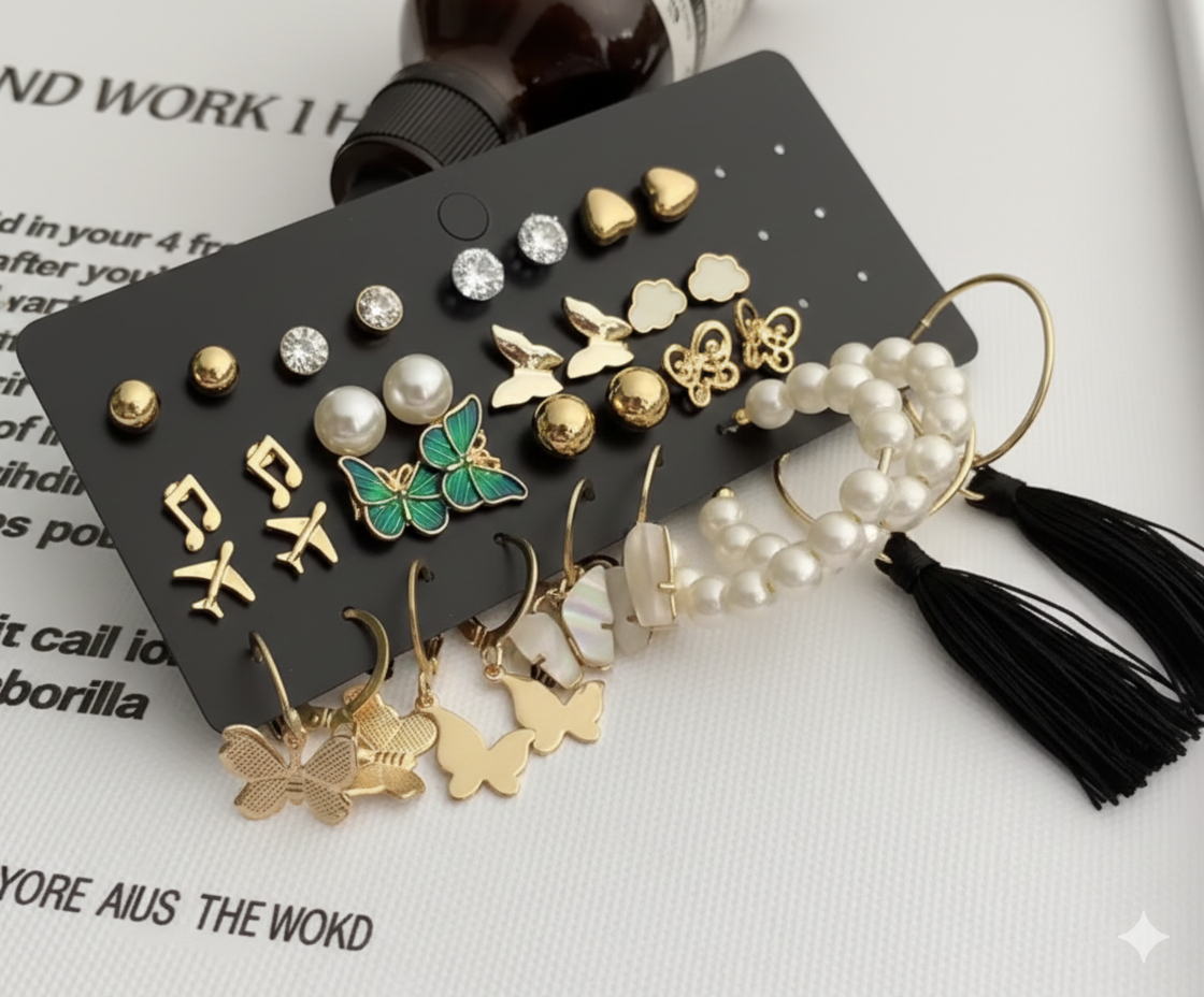 The Ultimate Jewelry Wardrobe: 17-Pair Gold Plated Pearl & Stone Studded Collection
