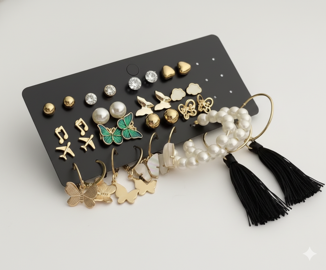 The Ultimate Jewelry Wardrobe: 17-Pair Gold Plated Pearl & Stone Studded Collection