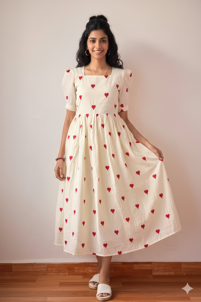 Sweetheart Serenade: Red-Heart Hand Block Print Cotton Tunic Dress
