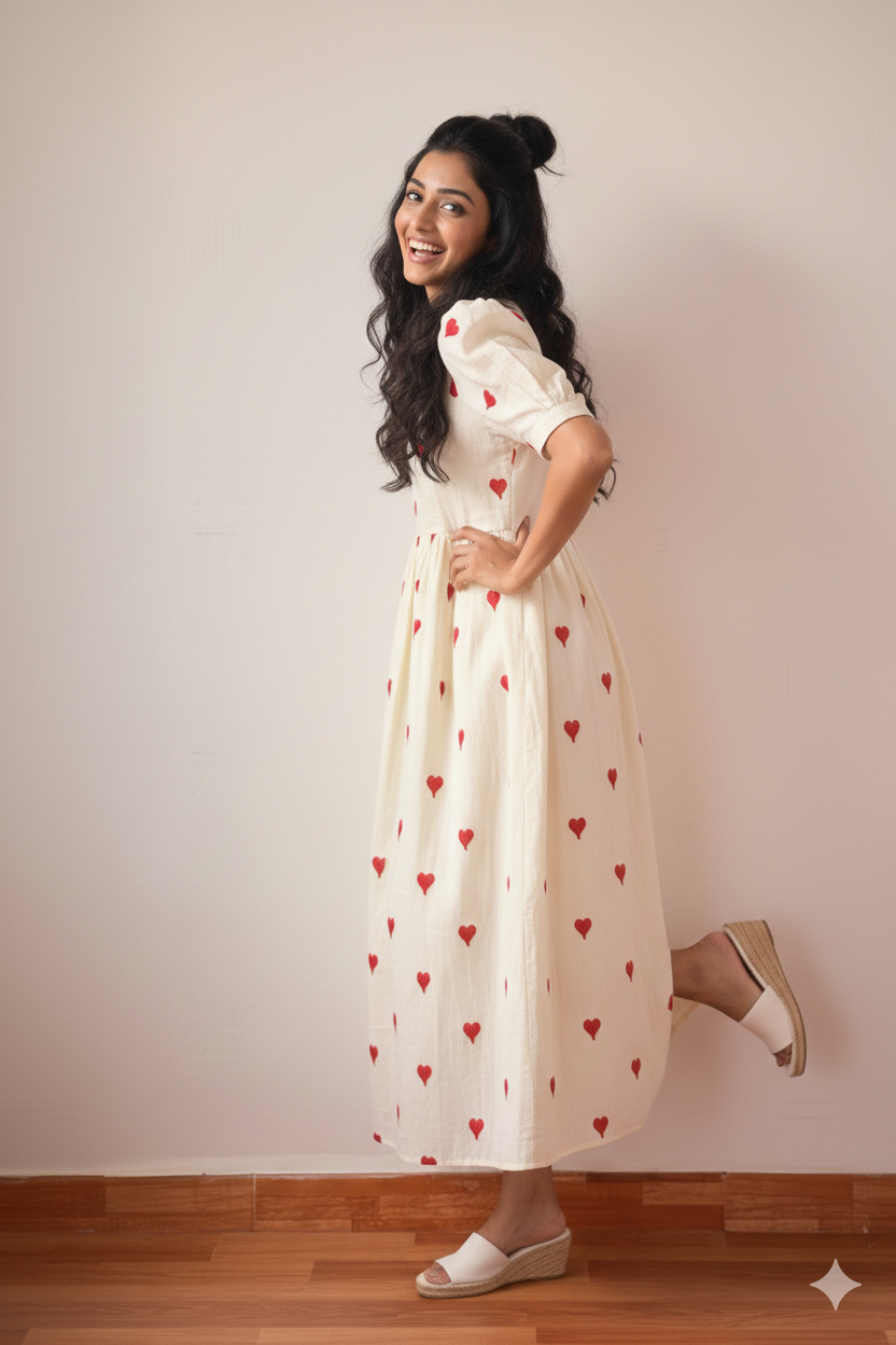 Sweetheart Serenade: Red-Heart Hand Block Print Cotton Tunic Dress