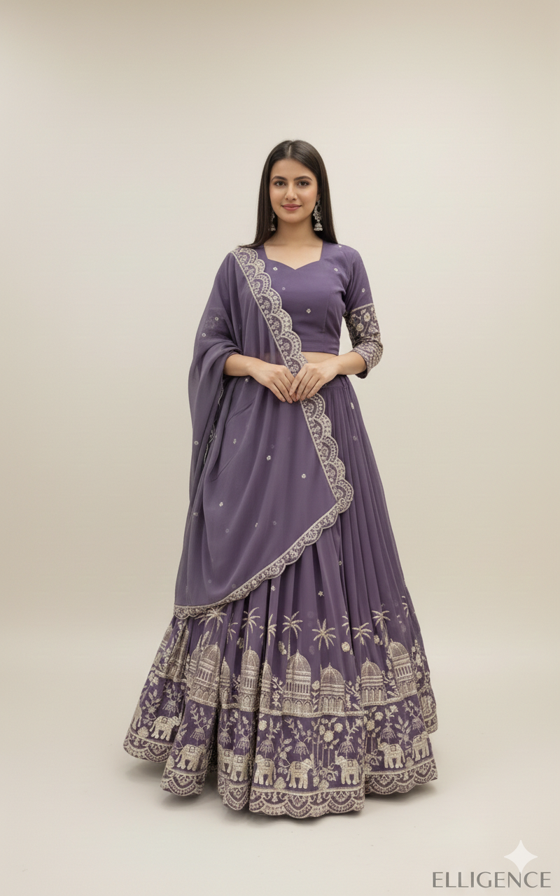 The Fusion of Traditions: Embroidered V-Neck Rajasthani-Pakistani Kalsar Lehenga Set