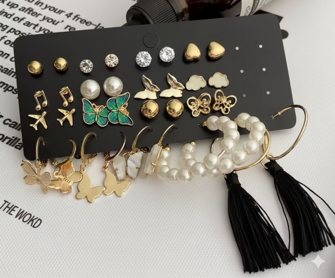 The Ultimate Jewelry Wardrobe: 17-Pair Gold Plated Pearl & Stone Studded Collection