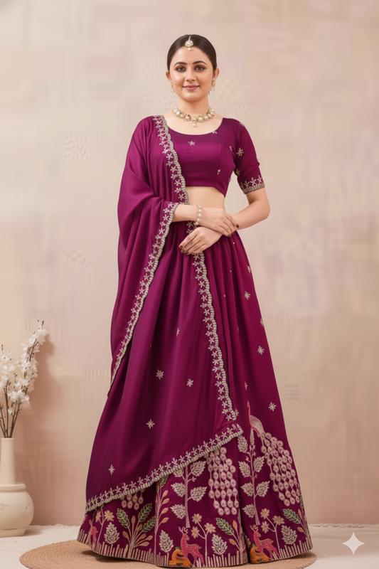 The Magenta & Gold Peacock Masterpiece - Elegance Hub Vichitra Silk Lehenga Choli